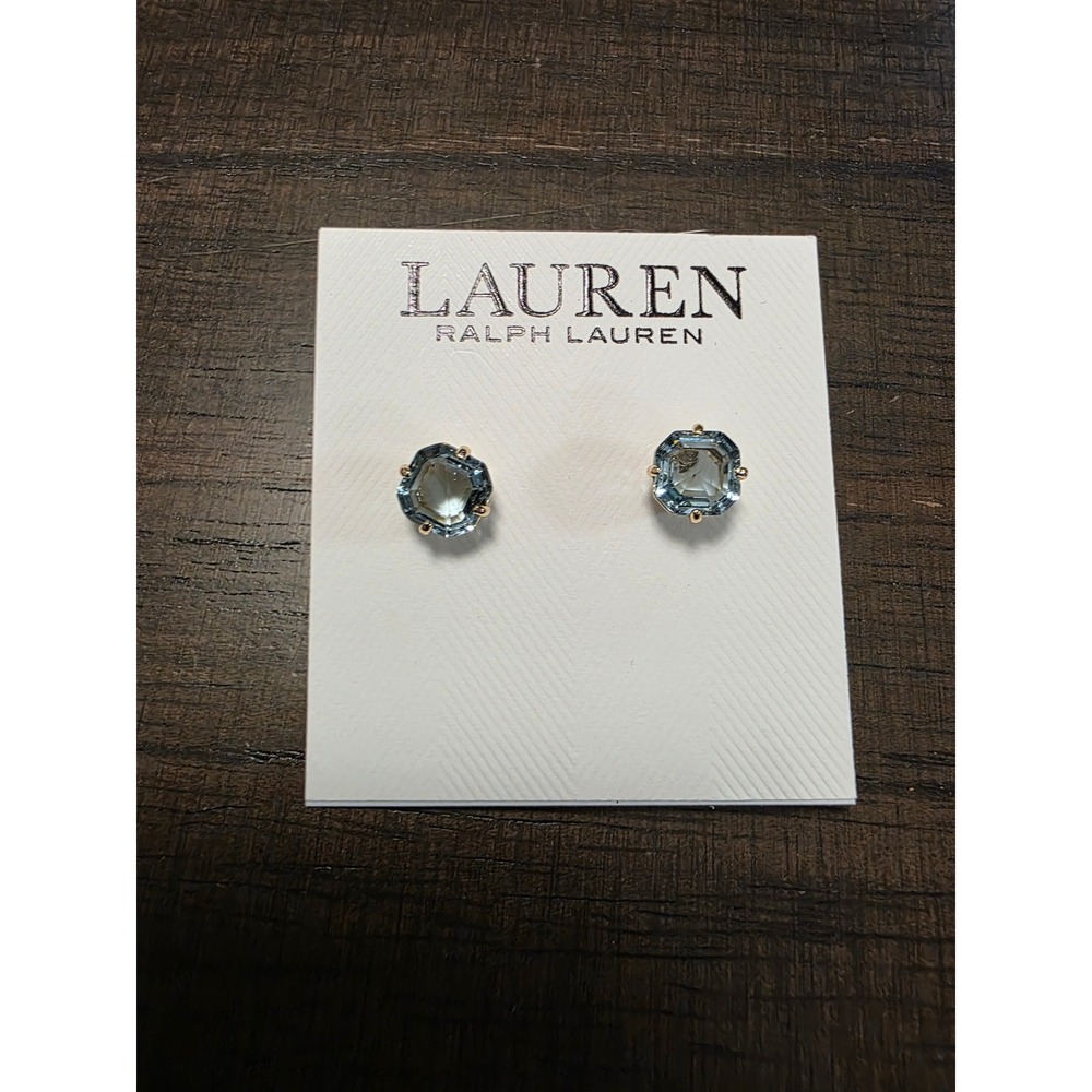 Lauren Ralph Lauren Light Blue Emerald Cut Stud Earrings Gold Tone Post Backs